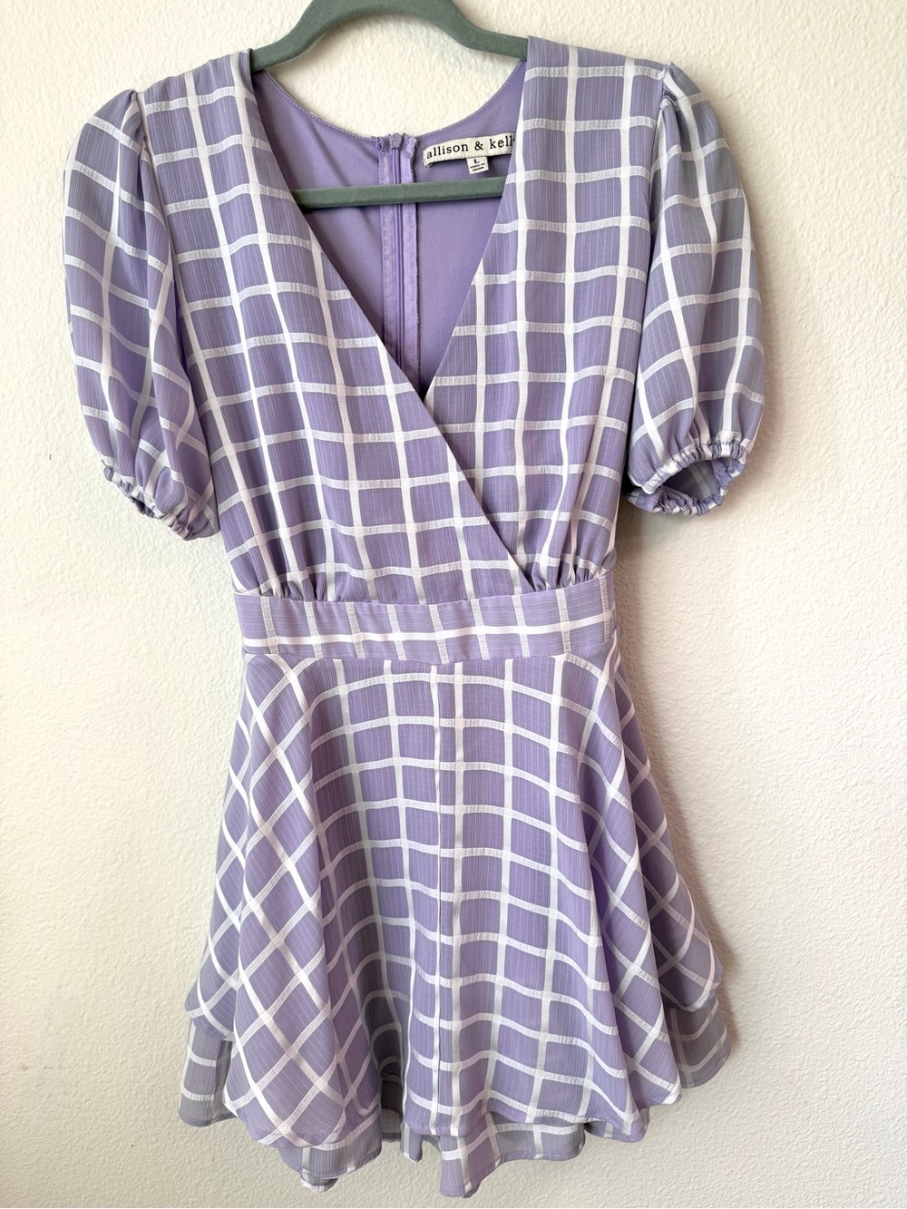 Allison & Kelly Plaid Romper Tiered Skort Puff Sleeve Lilac Large L⁠ -FLAW - Picture 2 of 10